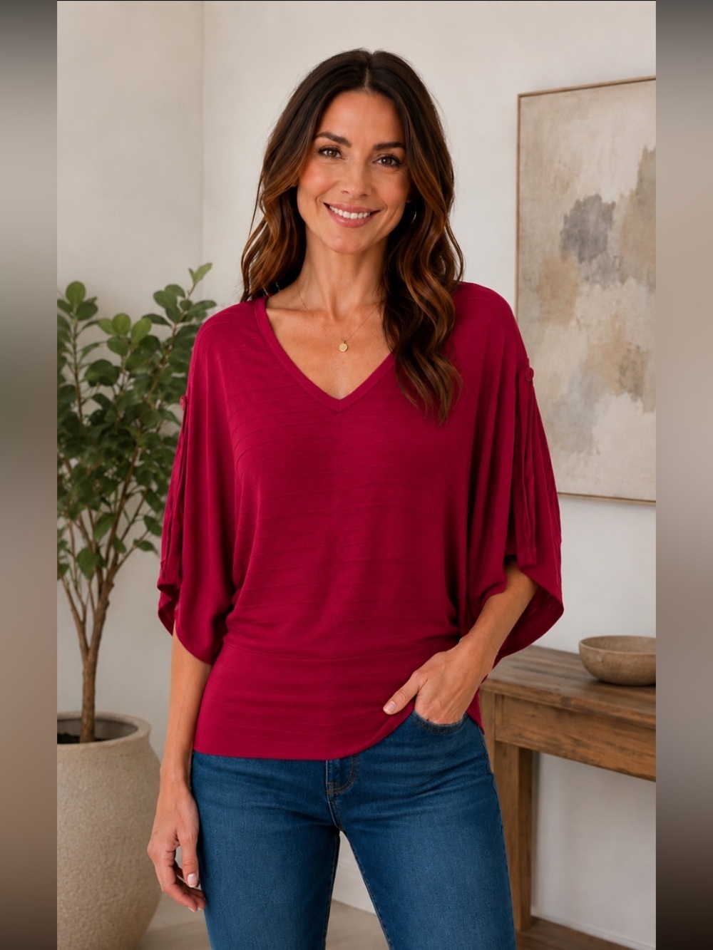 Y2K New York & Company Bright Fuchsia V-Neck Top Boho, Y2K, Romantic